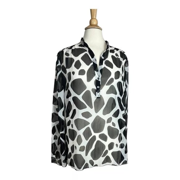 Talbots Pure Silk Shirt 18 Sheer Button Bell Long Sleeve Black White Abstract - Picture 1 of 8